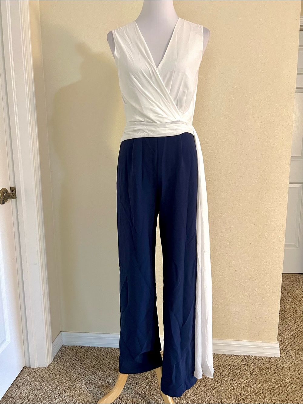 Tahari S Colorblock Wide Leg Jumpsuit White Navy Wrap side Drape elegant luxury
